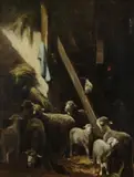 Barn Interior with Sheep and Chickens by Continental School, BARN INTERIOR WITH SHEEP AND CHICKENS, oil on canvas, sold Feb 2016