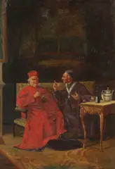 A. Lamoureux, Two Cardinals Having Tea, Oil on canvas