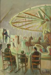 John Rettig, Figures Seated by Carousel, Oil on panel