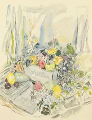 Richard Lahey, Fruit and Leaves on Tabletop, Watercolor on paper
