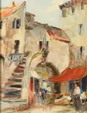 Greek School, FISHING BOATS and STREET SCENE: TWO WORKS, each signed lower left, Oil on canvas