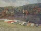 Melanie Turturici, Canoes Along Lake, Pastel