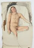 Allyn Cox, Nude Man Lying Back in Chair, NUDE MAN LYING BACK IN CHAIR, oil on canvas, unstretched, circa 1940s