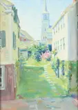New England Town Scene by American School, NEW ENGLAND TOWN SCENE, oil on board., sold Apr 2016