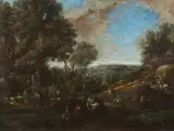 Landscape with Figures and Livestock by Continental School, LANDSCAPE WITH FIGURES AND LIVESTOCK, oil on canvas, sold Apr 2016