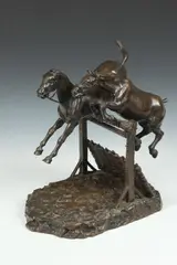 Constantin Cristesco, Untitled, DEUX CHEVAUX SAUTANT UN OBSTACLE, signed and inscribed "Susse Fes Ed." Bronze with dark brown patina - Height: 14 1/2 in. x 13 in