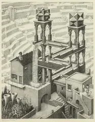 M. C. Escher, Waterfall, Slight mat burn around print with 1/2 in. area of discoloration left side mid margin into image