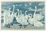 Swans on Ice Field by Kitaoka Fumio, Woodblock print on paper, signed bottom right, dated 1972, numbered 30/50, and, sold Jun 2016