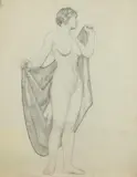 Allyn Cox, Female Nude Holding Blanket, Pencil on paper