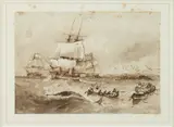 James Wilson Carmichael, Whale Fishing, Sepia watercolor
