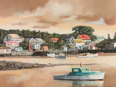 George Guzzi, Fishing Boats in Harbor, Oil on canvas