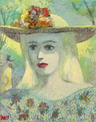 Robert Doney, Portrait of Woman in Sun Hat, Oil on canvas