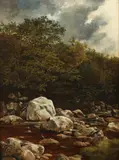 Woodland Scene with Stream by American School, WOODLAND SCENE WITH STREAM, oil on canvas, sold Jun 2016