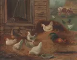 Hens and Roosters in Barnyard by American School, Oil on canvas, offered Jun 2016