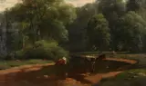 J. Berghany, Cows at Stream, Oil on canvas
