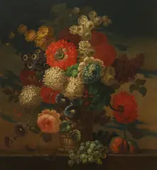 Flemish School, Still Life of Flowers in a Basket on a Ledge, Oil on canvas laid on panel