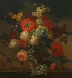 Flemish School, Still Life of Flowers in a Basket on a Ledge, Oil on canvas laid on panel