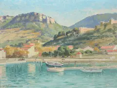 Benjamin Tupper Newman, Lakeside Village with Boats, Oil on board