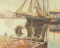 Frederick G. Cooper, Sailboats in Harbor, Oil on canvas