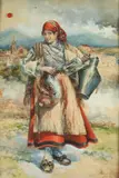 Enrique Marin Sevilla, Young Woman with Chicken and Jug, Watercolor