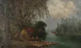 Two Boys Fishing by American School, TWO BOYS FISHING, oil on canvas, offered Jun 2016