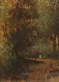 HORSE AND RIDER ON PATH THROUGH WOODS, illegibly signed on reverse by American School, Oil on board, offered Jun 2016