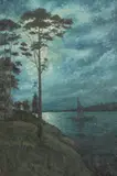Thomas Waterman Wood, Moonlit Scene with Sailboat, Oil on canvas