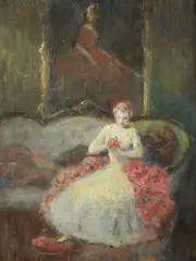 Joseph H. Boston, Lady on Sofa in Salon Interior, LADY ON SOFA IN SALON INTERIOR, signed lower left, oil on board