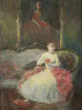 Joseph H. Boston, Lady on Sofa in Salon Interior, LADY ON SOFA IN SALON INTERIOR, signed lower left, oil on board