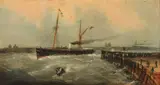 STEAMSHIP ENTERING HARBOR and SHIP AT SEA: PAIR by Continental School, STEAMSHIP ENTERING HARBOR and SHIP AT SEA: PAIR, oil on board, sold Jun 2016