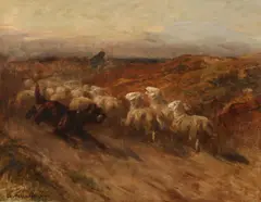 Charles Hermann-Léon, Dog Herding Sheep, Oil on canvas