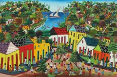 Gilbert Desir, Village Scene, Oil on board.