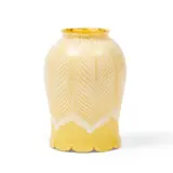 Quezal White Pulled-feather Glass Shade, Brooklyn, New York, early 20th century, yellow ground, stamped mark, ht. 5 1/8 in. (13 cm), fitter rim dia. 2 1/4 in. (5.5 cm).