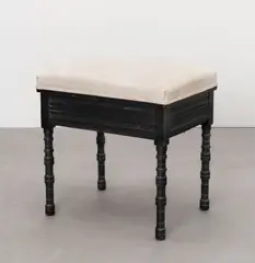 Aesthetic Movement, Piano stool, circa 1875, Ebonised wood, turned and shaped supports, upholstered rectangular seat, which hinges open to store sheet music