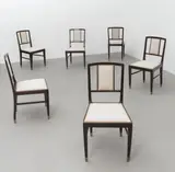Vienna School, Set of six dining chairs, circa 1910, Stained wood, upholstery, brass sabots
