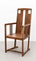 Vienna School, Elbow Chair, circa 1905, Oak, pierced back and solid seat, sleigh feet