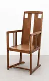 Vienna School, Elbow Chair, circa 1905, Oak, pierced back and solid seat, sleigh feet
