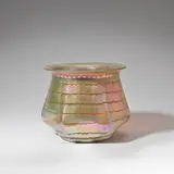 Loetz, Iridescent Phaenomen glass broad necked vase, PG 7506, circa 1898, Undulating parallel bands of metallic gold with pink hues, on a bronze/brass ground, the interior covered with iridescence