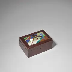 Max Snischek, for Wiener Werkstätte, circa 1926, Stained wood box of rectangular form, having a hinged cover with inset enamelled plaque depicting boxers