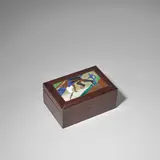 Max Snischek, for Wiener Werkstätte, circa 1926, Stained wood box of rectangular form, having a hinged cover with inset enamelled plaque depicting boxers