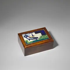 Mathilde Flögl, for Wiener Werkstätte, circa 1928, Wooden box with inset enamel plaque, circa 1928