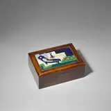 Mathilde Flögl, for Wiener Werkstätte, circa 1928, Wooden box with inset enamel plaque, circa 1928