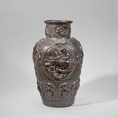 Bertram Bernhard, Large vase, circa 1925, Ceramic, cast in high relief with putti, birds, horses and foliage