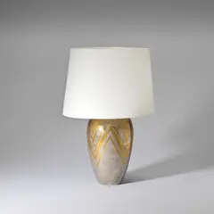J. Rudelle, Dinanderie table lamp, circa 1925, Mixed metal with geometric design, fabric shade