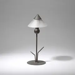 Marc Erol, Table lamp, circa 1930, Patinated metal, glass shade