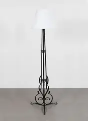 French School, Floor lamp, 20th century, Wrought-iron, openwork tapering form on three supports