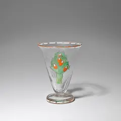 Jean Luce, Enamelled vase, circa 1935, Bubble suffused glass of flared form on a circular foot, painted in coloured enamels with stylised fruiting trees