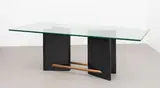 Denham MacLaren, Rare dining table, circa 1930, Textured glass, painted wood, copper-plated steel
