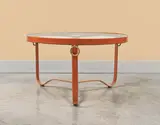 Jacques Adnet, Table basse tripode, Cuir, bronze, laiton et verre