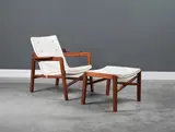 Fauteuil et tabouret dits "Fireplace" by Tove Et Edvard Kindt-Larsen, 'Fireplace' armchair and stool in teak, leather and fabric by Tove and Edvard Kindt-Larsen designed in 1940 and edited b, offered Nov 2023